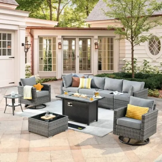 Ovios Venice 9pc Wicker Outdoor Patio Furniture Set Conversation Sofa with a Metal Fire Pit, Swivel Chairs and Cushions image {19}