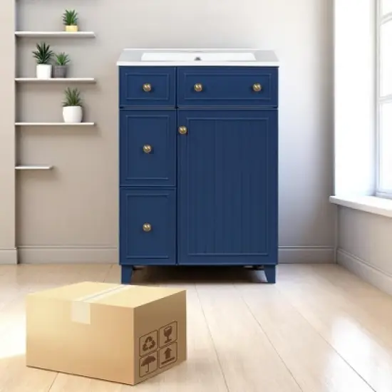 Mshliw 24" Bathroom Vanity with Ceramic Sink, 2 Drawers, Soft-Close Door, Freestanding Cabinet for Small Spaces, MDF and Wood image {4}