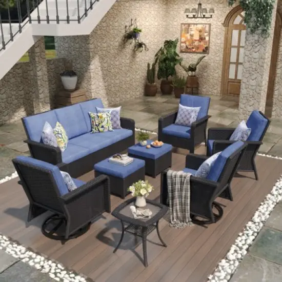 SUGOLD Hand Woven Wicker Patio Conversation Set with Blue Cushions image {5}
