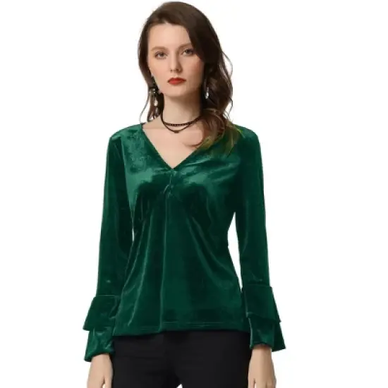 Allegra K Women's V Neck Velvet Blouse Flare Long Sleeve Peplum Top image {7}