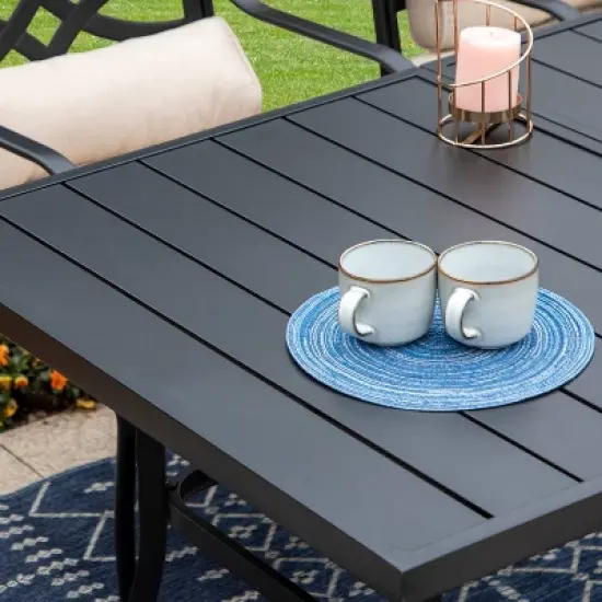 7pc Outdoor Dining Set with Chairs with Cushions & Large Metal Table with Umbrella Hole - Captiva Designs image {9}