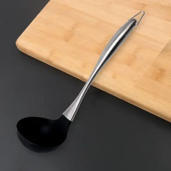 Unique Bargains Home Kitchen Stainless Steel Silicone Soup Ladle Black 1 Pc image {1}