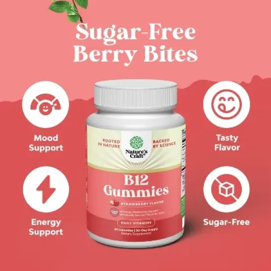 B12 Gummies, Sugar Free Vitamin B12 for Adults Energy, Focus, Immunity, & Nerve Support, Strawberry Flavor, Nature's Craft, 60ct image {1}