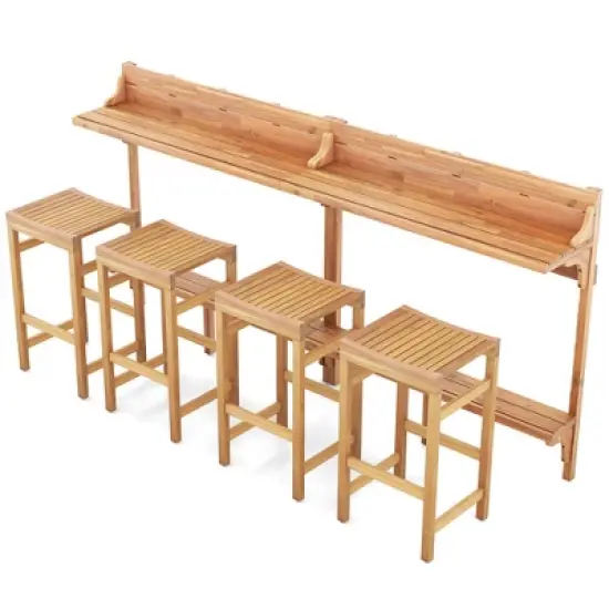 Tangkula 6 PCS Acacia Wood Balcony Table Set w/ Shelf Footrest Curved Wood Seat image {7}
