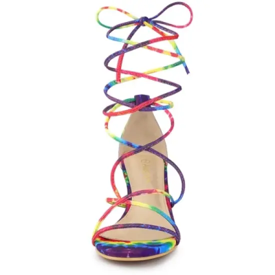 Allegra K Women's Lace Up Strappy Tie Dye Kitten Heels Sandals image {2}