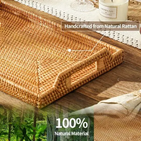 BRINJOY 17" Rectangular Woven Tray - Bohemian Handwoven Rattan Coffee Table Tray with Handles image {3}