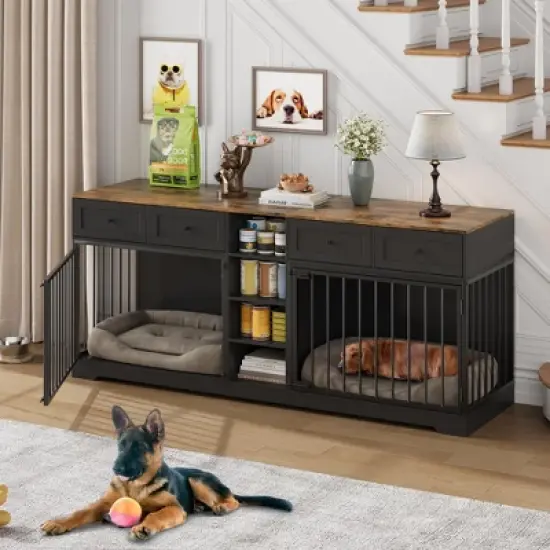 Whizmax 82&rdquo; Large Dog Crate with 4 Drawers and Shelves, Double Dog Crate Furniture TV Stand, Wooden Heavy Duty Dog Crate for Medium Large Dogs image {7}
