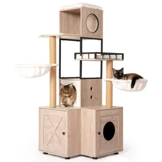 Whisen Cat Tree & Cat Bed with Litter Box Enclosure, Scratching Post, Cat Teaser Ball, Anti-Slip Mat - White+Gray image {5}