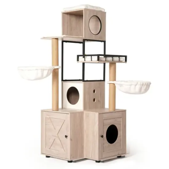 Lirago Rustic Gray Cat Tree 25.6x25.6x63"-63" Multi-Functional Litter Box Tower image {9}