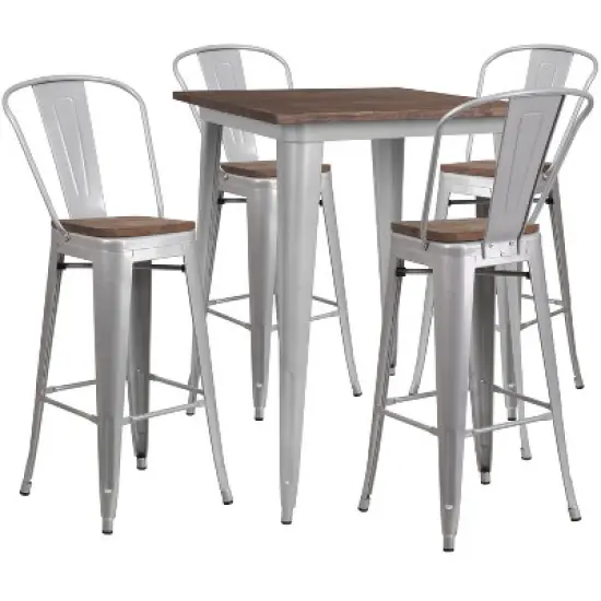 Flash Furniture 31.5" Square Metal Bar Table Set with Wood Top and 4 Stools image {1}
