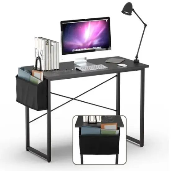 Costway 40''Modern Computer Desk Study Writing Table w/ Storage Bag Black/Coffee/Brown image {10}
