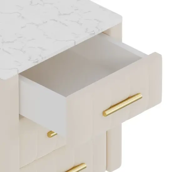 PAGED Upholstered Night Stand Modern Wooden Nightstand with 3 Storage Drawers and Marble Stickers Tabletop for Bedroom image {2}