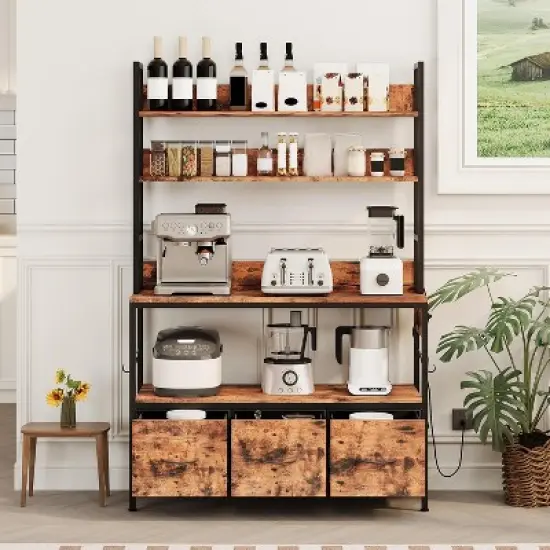 Industrial 5-Tier Bakers Rack with Power Outlet, Microwave Stand with Storage Cabinet & 10 Hooks for Kitchen Organization image {2}