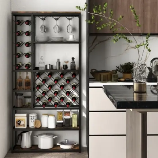 MOEPISY Industrial Floor Wine Rack with 3 Rows of Stemware Racks image {1}