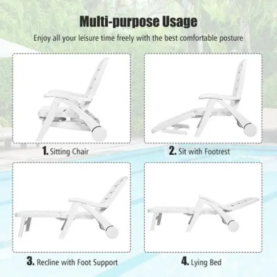 Costway Folding Chaise Lounge Chair 5-Position Adjustable Rolling Recliner w/ Wheels image {7}