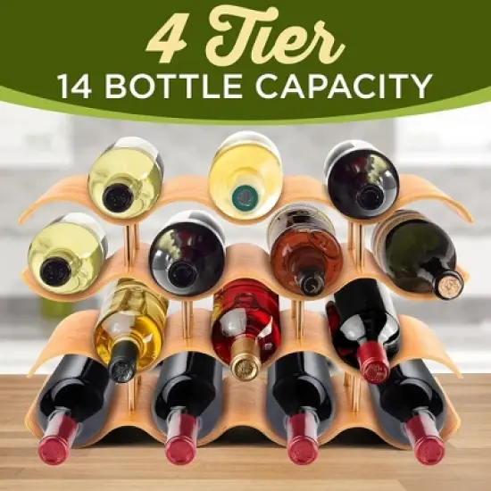 SereneLife 4-Tier Modular Wine Storage Rack, Bamboo, Holds 14 Bottles, image {2}