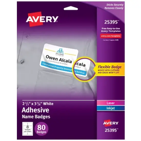 Avery Flexible Printable Name Tags, 2-1/3" x 3-3/8", Matte White, 80 Removable Name Badges (25395) image {9}