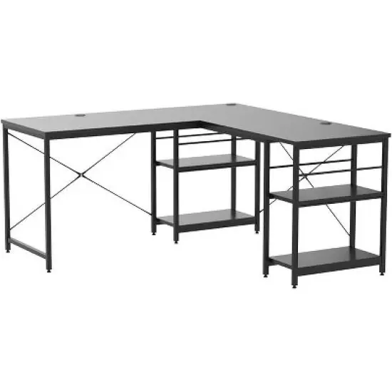 Bestier 59''L Shaped Gaming Desk with 4 Tier Adjustable Shelves,Reversible Corner Computer Desk,95"double desk for 2 person Home Office image {8}