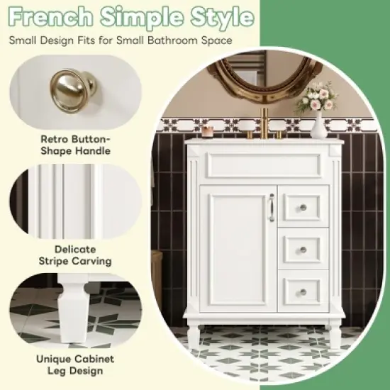 LOVSON 24'' Modern Bathroom Vanity with Ceramic Sink, 2 Drawers, Compact Bathroom Cabinet, White image {3}