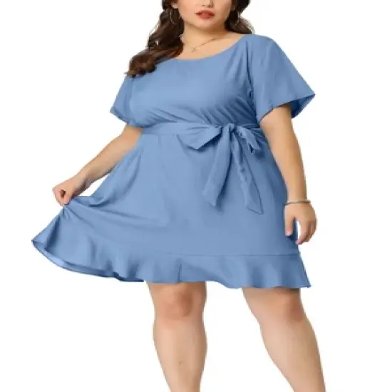 Agnes Orinda Women's Plus Size Belt Waist Ruffle Hem Chambray Shirt Dress image {6}