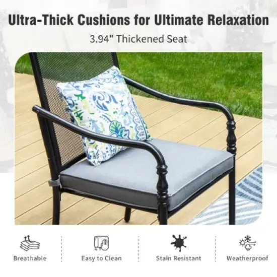 Captiva Designs 9pc Spacious Slat-top Rectangle Metal Table with Umbrella Hole & Fixed Steel Chairs with Gourd Head Armrests image {12}