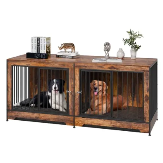 VEVOR 75" Dog Crate Furniture for 2 Dogs, Extra Large Double Dog Crate Furniture, Large Wooden Dog Crate Furniture TV Stand,  Brown image {8}