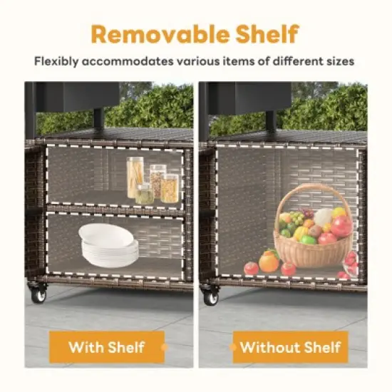 Buenhomino Patio Bar Table,Outdoor Kitchen Island with Glass Top,Rattan Patio Storage Cabinet with Wheels,Bar Cart for Poolside and Backyard image {5}