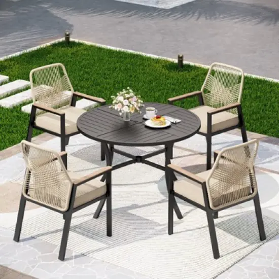 Captiva Designs 5pc Patio Slat-top Round Metal Dining Table and Thick Cushion Fixed Wicker Chairs image {7}