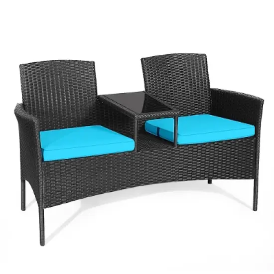 Tangkula Outdoor Rattan Furniture Wicker Patio Conversation Chair W/Cushions Turquoise image {7}