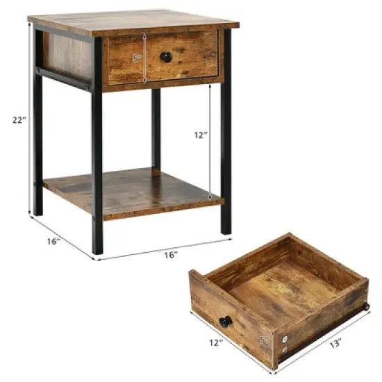 Costway 2PCS Industrial End Side Table Nightstand with Drawer Shelf Rustic Brown image {4}