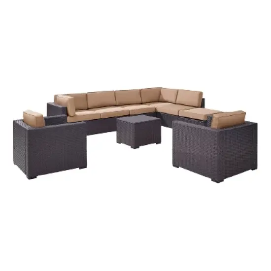 Biscayne 7pc Outdoor Wicker Sectional Set with Arm Chairs & Ottoman - Mocha - Crosley image {2}