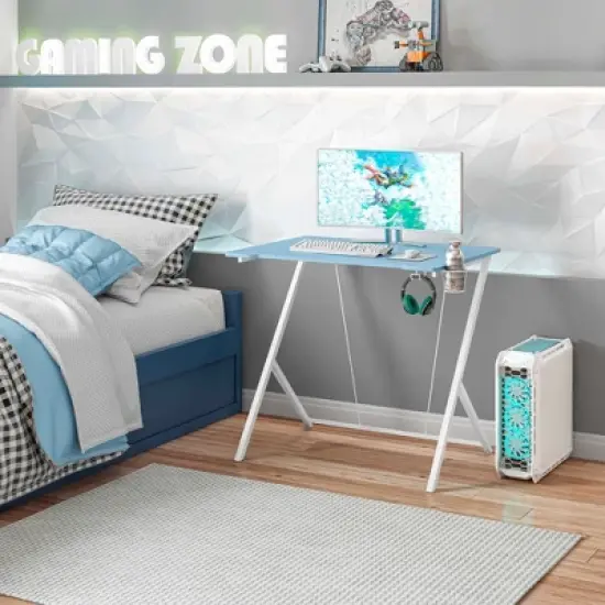 NicBex Home Office Desk 47.25" L Morden Gaming Desk with Headphone Holder, Cup Holder, Desktop Shelves, Wooden Desktop and Metal Legs for Game image {5}