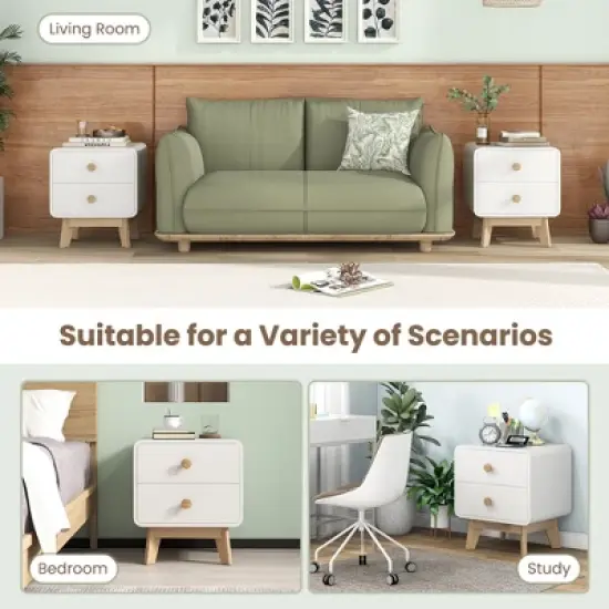 Costway 1/2 PCS Nightstand Mid Century Modern Bedside Table with 2 Drawers Solid Rubber Wood Legs White image {8}