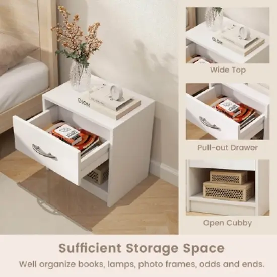 Costway Modern Nightstand Bedside Table with Drawer Open Storage Shelf for Small Spaces White image {6}