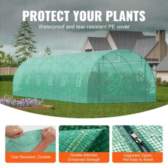 VEVOR Walk-in Tunnel Greenhouse, 29.2x9.7x6.5 ft Hoop House Greenhouse Tunnel with Galvanized Steel Frame, Green PE Cover, 12 Windows image {3}