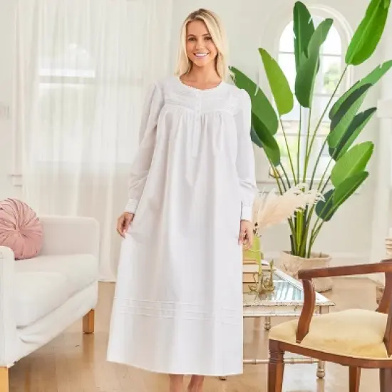 Women's Cotton Victorian Nightgown with Pockets, Emily Long Sleeve Lace Trimmed Button Up Long Vintage Night Dress Gown image {5}