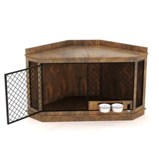 52 Inch Corner Dog Crate Furniture with Rotating Feeder, Wooden Dog Kennel End Table with Mesh Decorative Pet Crate Indoor Use Dog Cage TV Stand image {6}