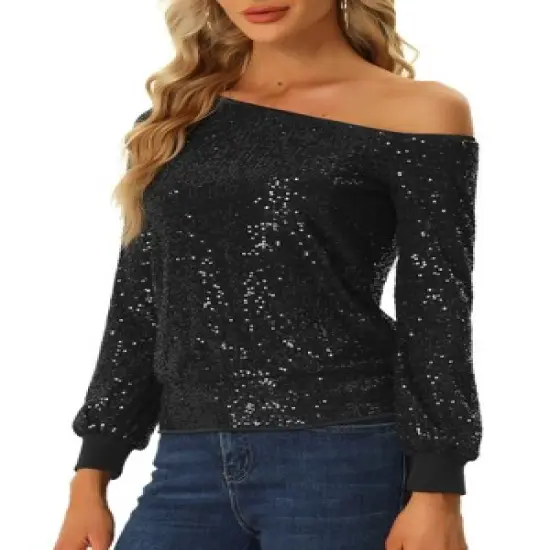 Allegra K Off Shoulder Sequins Tops for Women's Disco Party Sparkly Glitter Top image {7}