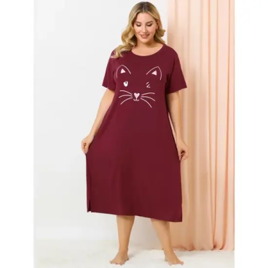 Agnes Orinda Womens Plus Size Short Sleeve Cute Cat Print Pockets Nightgown image {2}