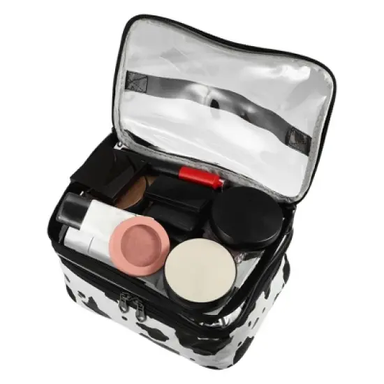Unique Bargains Black White Double Layer Makeup Bag Cosmetic Travel Bag Case Large Makeup Bag Make Up Organizer Bag for Women Cows Texture 1 Pc image {5}