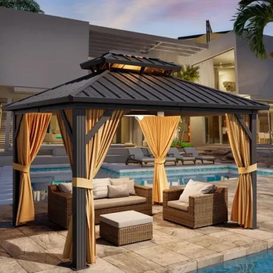 10 x12ft Hardtop Gazebo With Nettings & Curtains, Durable Galvanized Steel Frame and Vertical Striped Canopy for Patio Backyard Deck or Garden image {10}