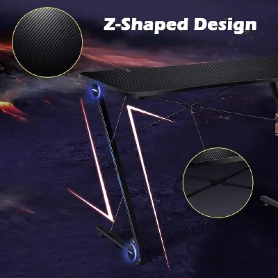 Tangkula Gaming Desk with LED 43.5-Inch Racing Style Computer Desk with Z-Shaped Metal Frame & Carbon Fiber Desktop Ergonomic image {3}