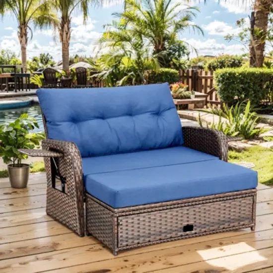 Patio Rattan Daybed Set with Cushioned Loveseat and Ottoman, Outdoor Double Chaise Lounger with 4-Level Adjustable Backrest and Retractable Side Trays image {10}