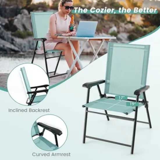 Costway Patio Folding Sling Back Chair Portable Armrests Metal Outdoor Dining Green image {7}