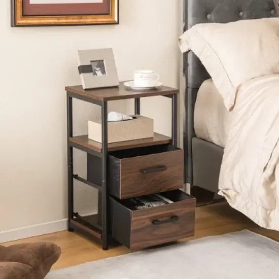 Tangkula 2PCS Nightstand Bedside End Table with 2 Fabric Drawers & Storage Shelf image {2}