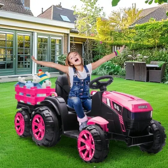 Garvee 12V Kids Ride On Tractor Toys with Trailer,Electric Vehicles Toy Tractor with Remote Control image {9}