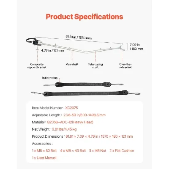 VEVOR Transom Saver, 23.6-59 in, Adjustable Boat Transom Saver with Composite Head, Corrosion-Resistant Easy-to-Install Transom Savers image {7}