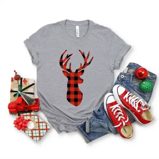 Simply Sage Market Women's Buffalo Plaid Reindeer  Short Sleeve Graphic Tee image {1}