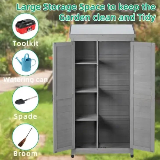 Gulches Outdoor Storage Cabinet and Metal Top,Garden Storage Shed,Outdoor 68 Inches Wood Tall Shed for Yard and Patio image {2}
