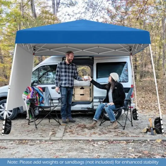 Costway 10 X 10FT Pop up Canopy Tent with 1 Sidewall, Portable Backpack, 4 Stakes Slant Leg Blue/White/Pinl/Gray image {3}